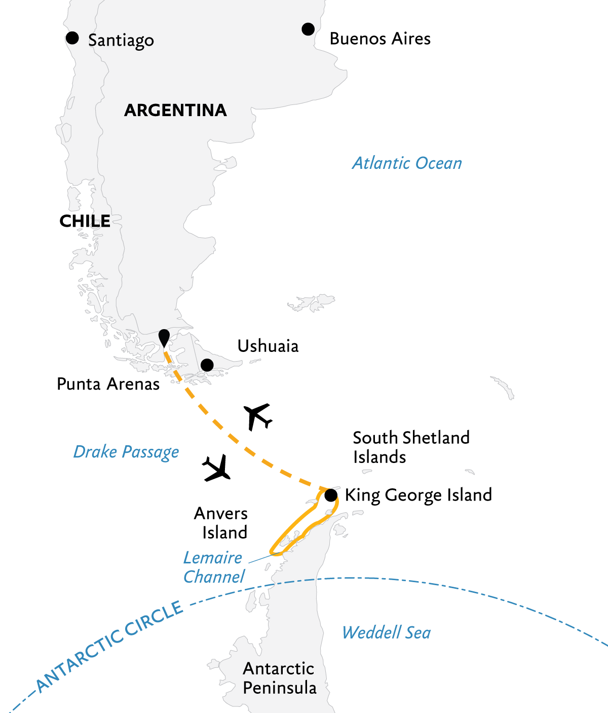 Antarctic Express: Fly the Drake Itinerary Map