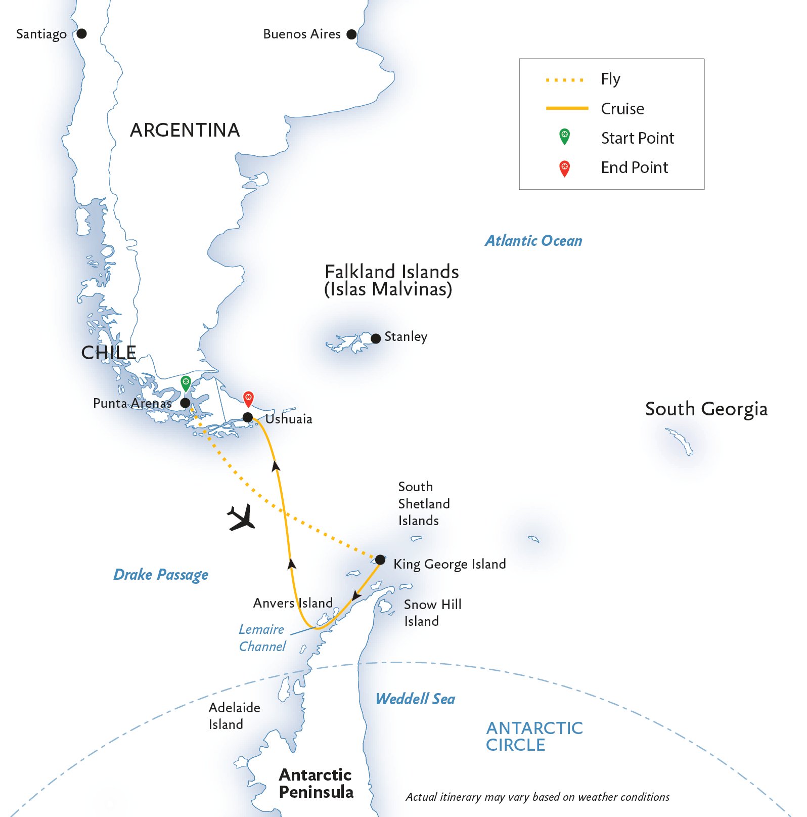 Antarctic Express: Fly South, Cruise North Itinerary Map